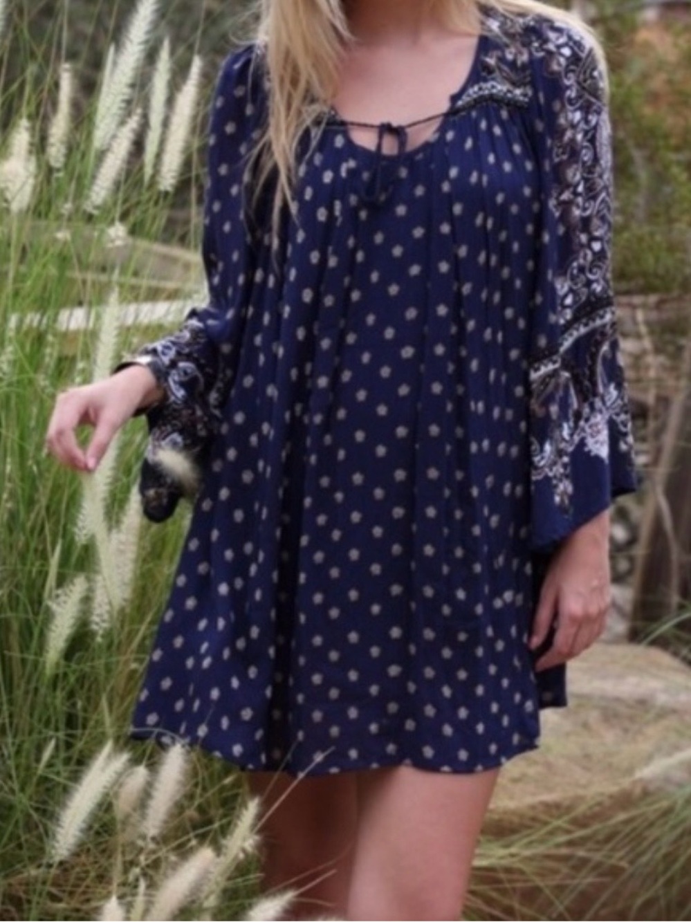 Angie blue long-sleeved mini dress with a brown and black print, size small, NWT